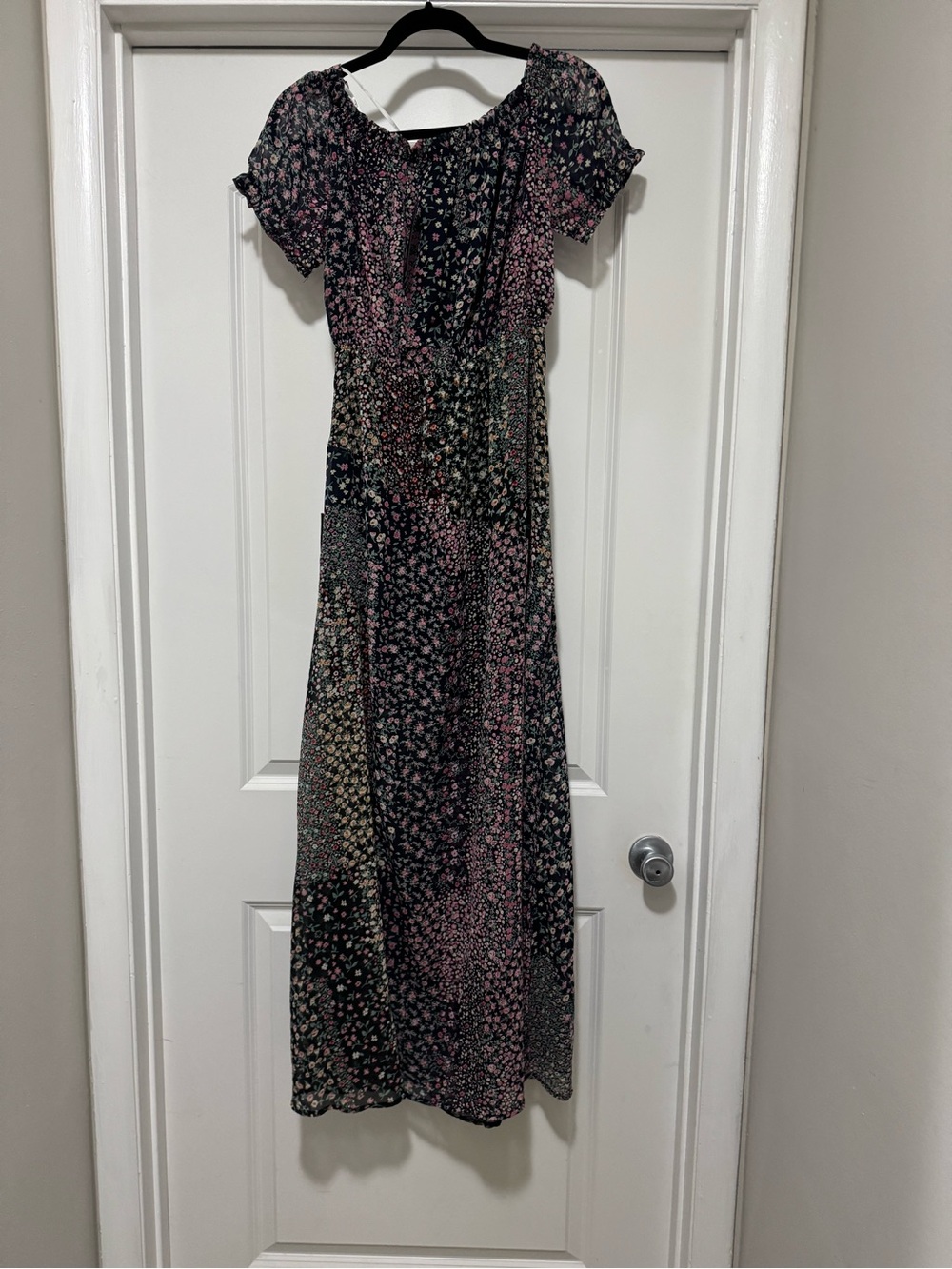 Lulus Neva Navy Blue Floral Print Off-the-shoulder Maxi Dress - Size L - Picture 10 of 14